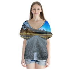 Road Mountain Landscape Travel V-neck Flutter Sleeve Top