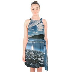 Shore Mountain Water Landscape Halter Collar Waist Tie Chiffon Dress by Celenk