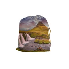 Nature Mountains Cliff Waterfall Drawstring Pouches (medium)  by Celenk