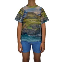 Coastline Waterfall Landscape Kids  Short Sleeve Swimwear by Celenk