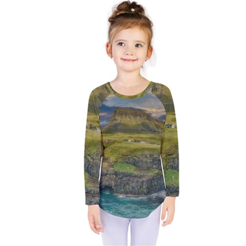 Coastline Waterfall Landscape Kids  Long Sleeve Tee by Celenk