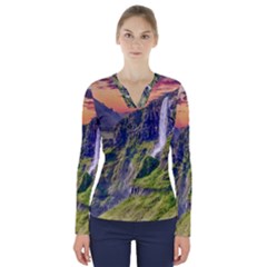 Waterfall Landscape Nature Scenic V-neck Long Sleeve Top by Celenk