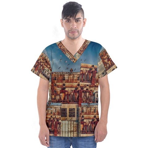 Ruin Abandoned Building Urban Men s V-neck Scrub Top by Celenk