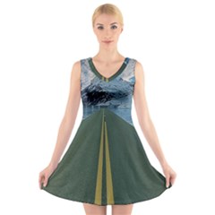 Road Ice Landscape V-neck Sleeveless Skater Dress by Celenk