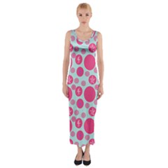 Blue Retro Dots Fitted Maxi Dress