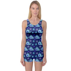 Blue Sea Whales One Piece Boyleg Swimsuit by snowwhitegirl