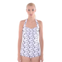 White Music Notes Boyleg Halter Swimsuit 