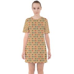 Grey Brown Eggs On Beige Sixties Short Sleeve Mini Dress