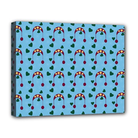 Winter Hat Red Green Hearts Snow Blue Deluxe Canvas 20  X 16  