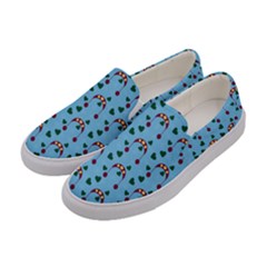 Winter Hat Red Green Hearts Snow Blue Women s Canvas Slip Ons by snowwhitegirl