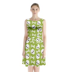 Skull Bone Mask Face White Green Sleeveless Waist Tie Chiffon Dress by Alisyart