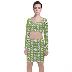 Skull Bone Mask Face White Green Long Sleeve Crop Top & Bodycon Skirt Set by Alisyart