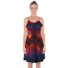 Astronomy Space Galaxy Fog Ruffle Detail Chiffon Dress