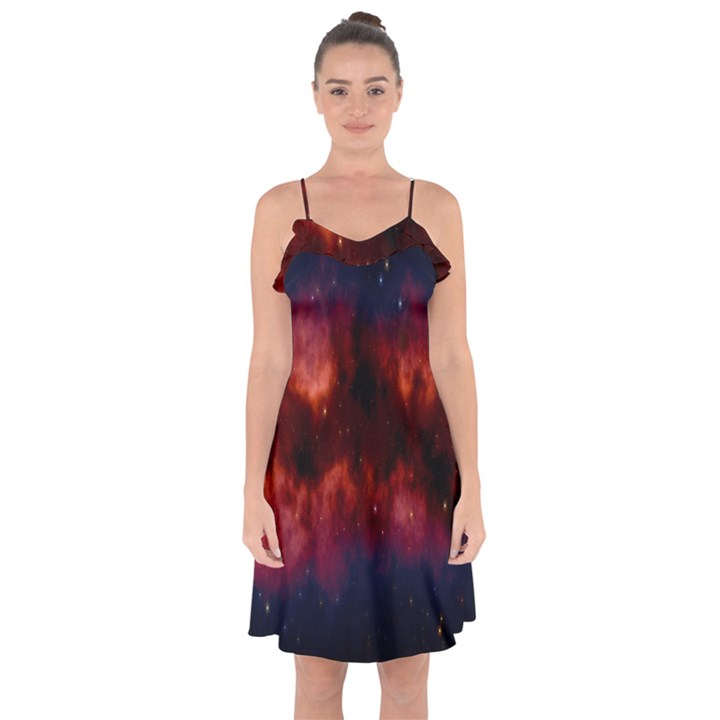 Astronomy Space Galaxy Fog Ruffle Detail Chiffon Dress