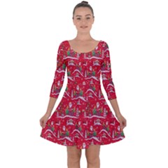 Red Background Christmas Quarter Sleeve Skater Dress