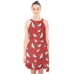 Paper Cranes Pattern Halter Collar Waist Tie Chiffon Dress by Valentinaart