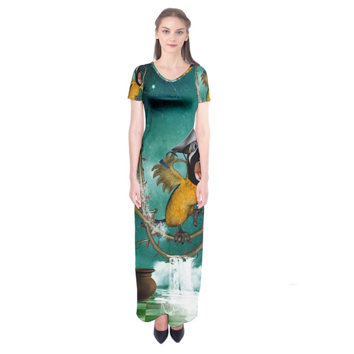 Funny Pirate Parrot With Hat Short Sleeve Maxi Dress