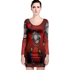 Funny, Cute Parrot With Butterflies Long Sleeve Bodycon Dress by FantasyWorld7