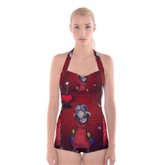 Funny, Cute Parrot With Butterflies Boyleg Halter Swimsuit  by FantasyWorld7