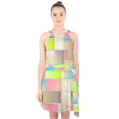 Background Abstract Grid Halter Collar Waist Tie Chiffon Dress