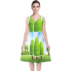 Landscape Nature Background V-Neck Midi Sleeveless Dress 