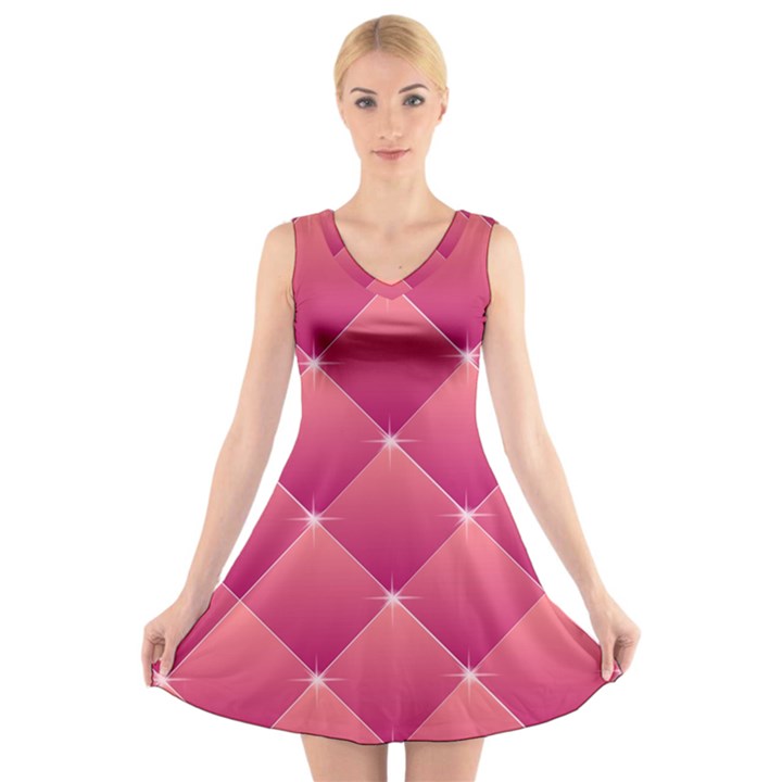 Pink Background Geometric Design V-Neck Sleeveless Skater Dress