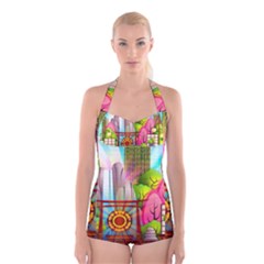 Zen Garden Japanese Nature Garden Boyleg Halter Swimsuit 