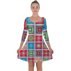 Tiles Pattern Background Colorful Quarter Sleeve Skater Dress by Nexatart