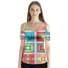 Tiles Pattern Background Colorful Butterfly Sleeve Cutout Tee 