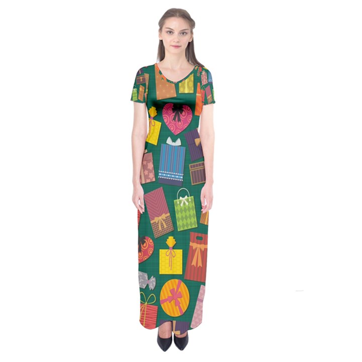 Presents Gifts Background Colorful Short Sleeve Maxi Dress