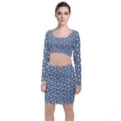 Floral Dots Blue Long Sleeve Crop Top & Bodycon Skirt Set by snowwhitegirl