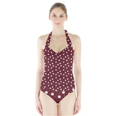 Floral Dots Maroon Halter Swimsuit