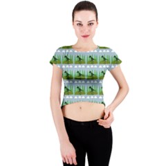 Dino In The Mountains Blue Crew Neck Crop Top
