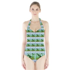 Dino In The Mountains Blue Halter Swimsuit by snowwhitegirl