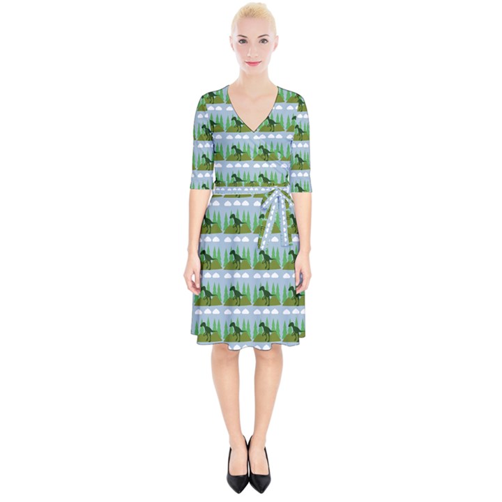 Dino In The Mountains Blue Wrap Up Cocktail Dress