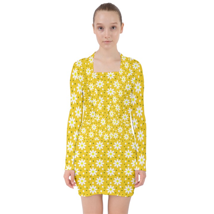 Daisy Dots Yellow V-neck Bodycon Long Sleeve Dress