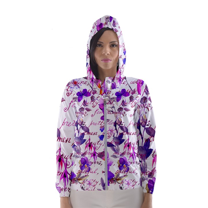 ultra violet,shabby chic,flowers,floral,vintage,typography,beautiful.feminine,girly,pink,purple Hooded Wind Breaker (Women)