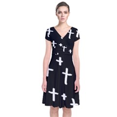 White Cross Short Sleeve Front Wrap Dress