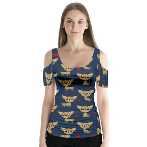 Chihuahua Pattern Butterfly Sleeve Cutout Tee  by Valentinaart