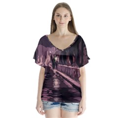 Texture Abstract Background City V-neck Flutter Sleeve Top by Nexatart