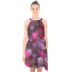 Cube Surface Texture Background Halter Collar Waist Tie Chiffon Dress