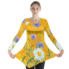 Flowers Daisy Floral Yellow Blue Long Sleeve Tunic  by Nexatart