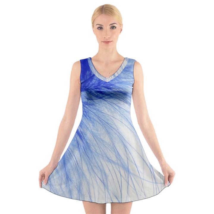 Feather Blue Colored V-Neck Sleeveless Skater Dress