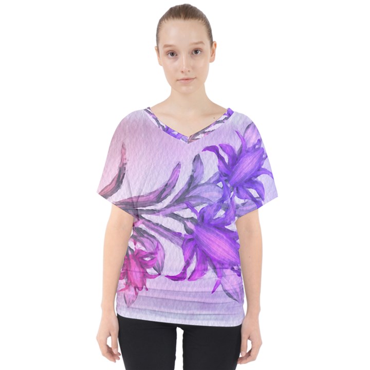 Flowers Flower Purple Flower V-Neck Dolman Drape Top