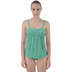 Pink Flowers Green Twist Front Tankini Set