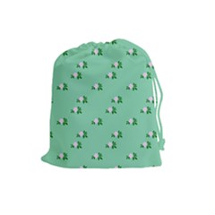 Pink Flowers Green Big Drawstring Pouches (large)  by snowwhitegirl