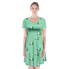 Pink Flowers Green Big Short Sleeve V-neck Flare Dress by snowwhitegirl