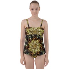 Fractal Flower Petals Gold Twist Front Tankini Set