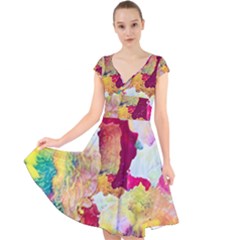 Art Detail Abstract Painting Wax Cap Sleeve Front Wrap Midi Dress