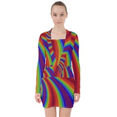 Abstract Pattern Lines Wave V-neck Bodycon Long Sleeve Dress